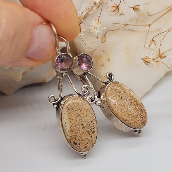 Genuine Jasper /Amethiste Stones Silver 925 Earrings - Picture 4 of 6